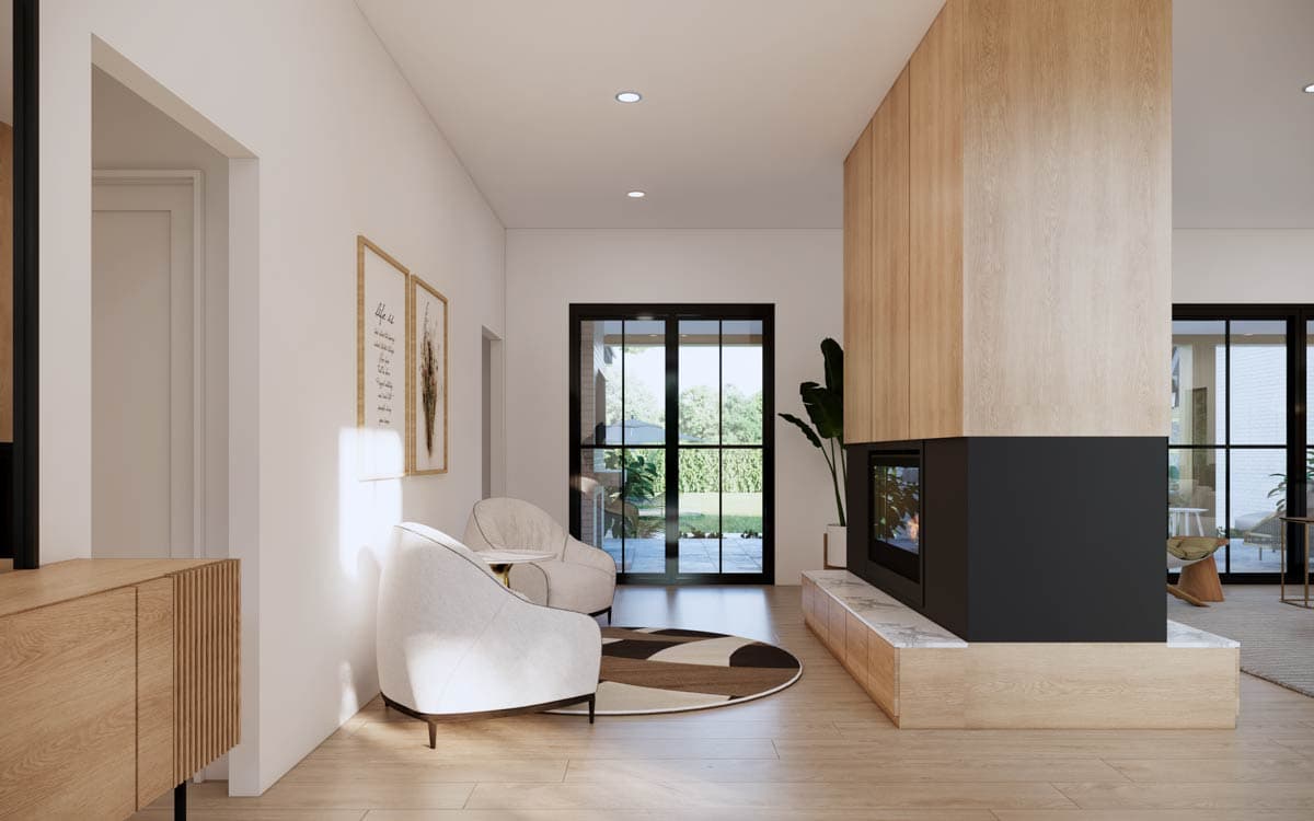 Interior view of a contemporary living space with a floor-to-ceiling wood-paneled fireplace, seating area, and large glass doors.