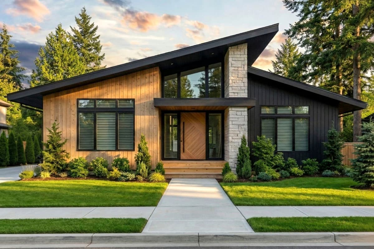 House plan exterior. Modern style, single story home with asymmetrical roofline, wood siding, stone accents, and large windows.