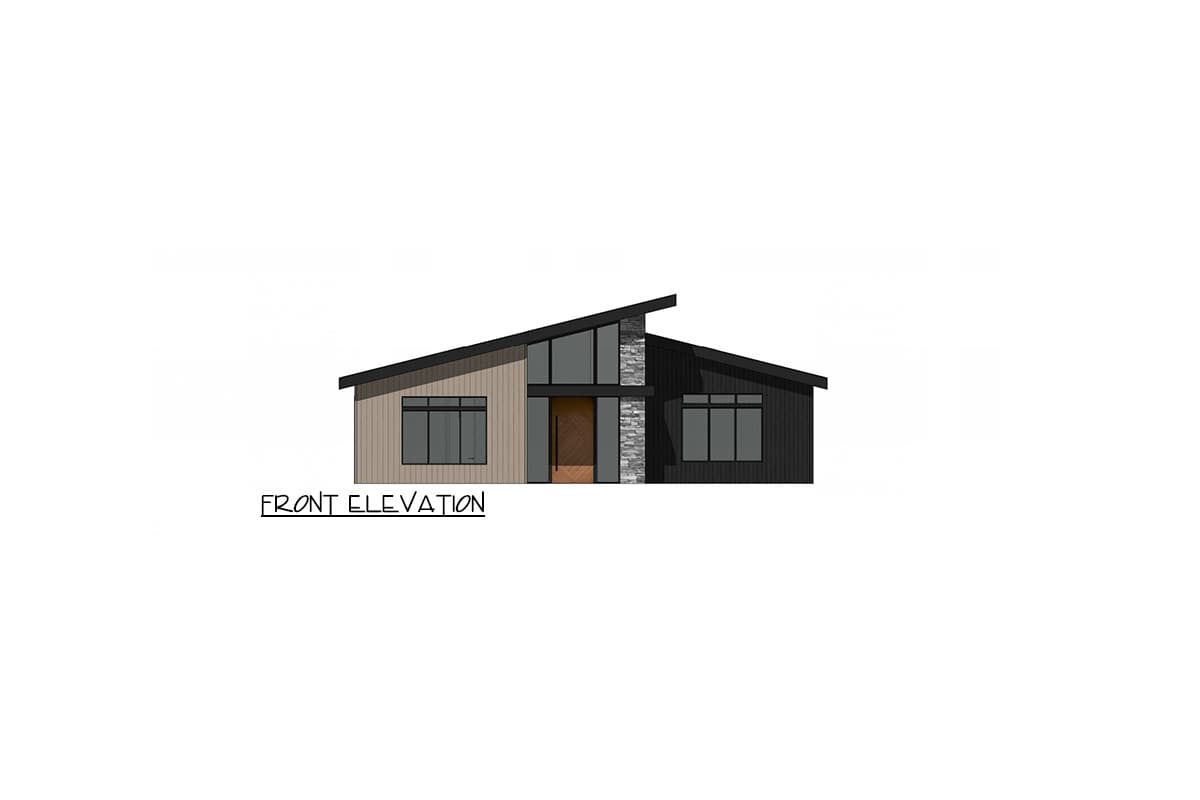 Front elevation drawing of a modern house with a steeply pitched roof, mixed siding, and a stone-clad central entry.