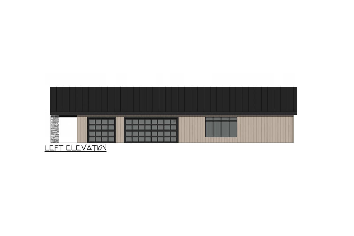 Left elevation drawing of a house with a stone accent column, two modern garage doors, and a horizontal window band under a standing seam metal roof.