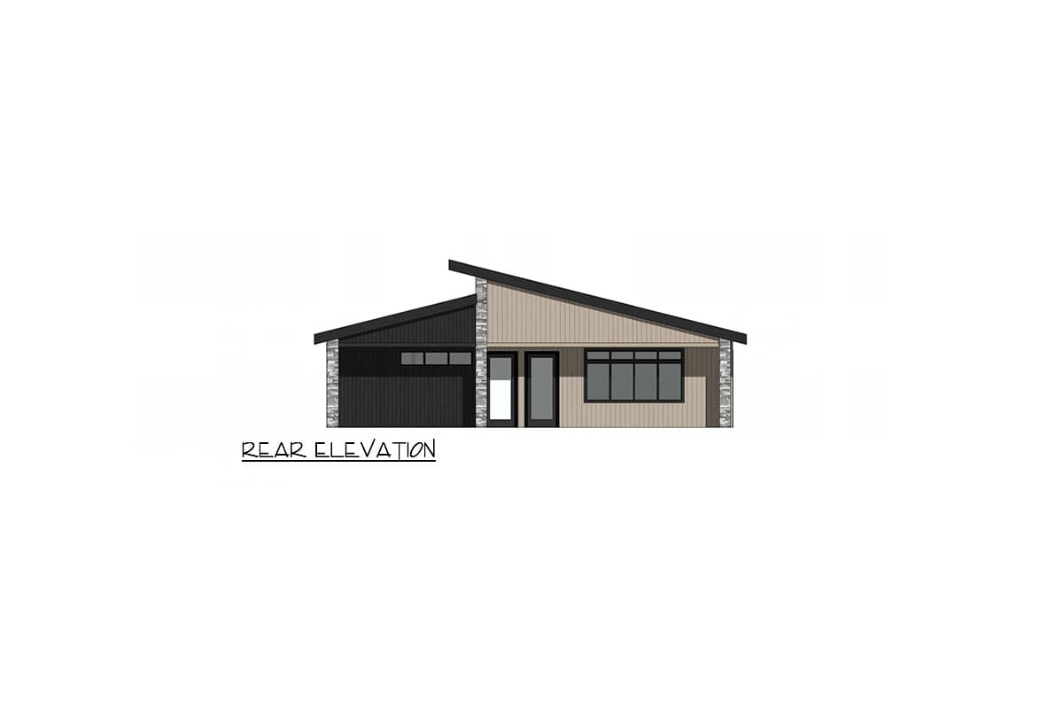 Rear elevation drawing of a single-story house with a sloped roof, garage, entry door, and windows.