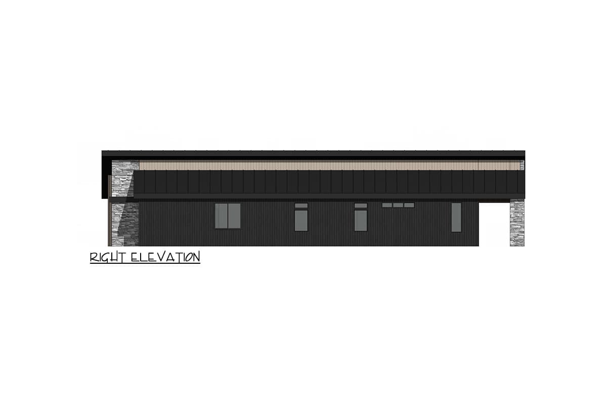 Right elevation of a house plan featuring a flat roof, dark vertical siding, and stone accents on end columns.