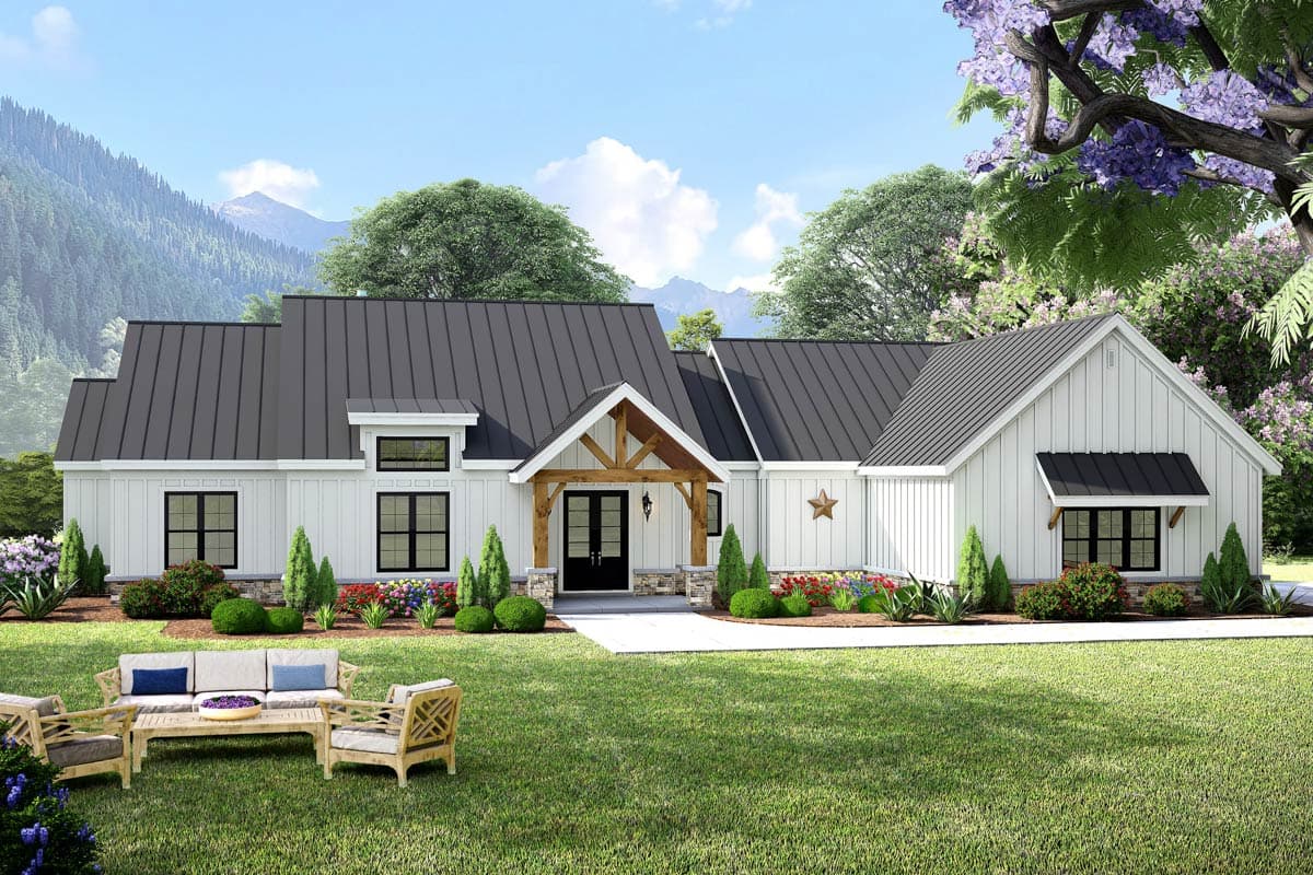 House plan exterior with modern farmhouse style. Features include a front porch with exposed timber supports, gabled roof, and black-framed windows.