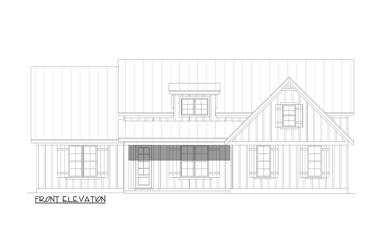 Front elevation drawing of a Modern Farmhouse plan with a prominent gable, dormer, and covered porch with multiple windows.