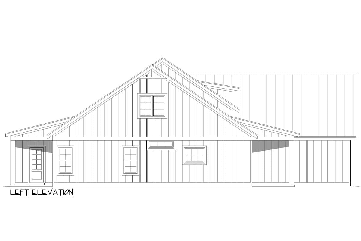 Left elevation drawing of a house plan featuring a gable roof, dormer, porch, and vertical siding.