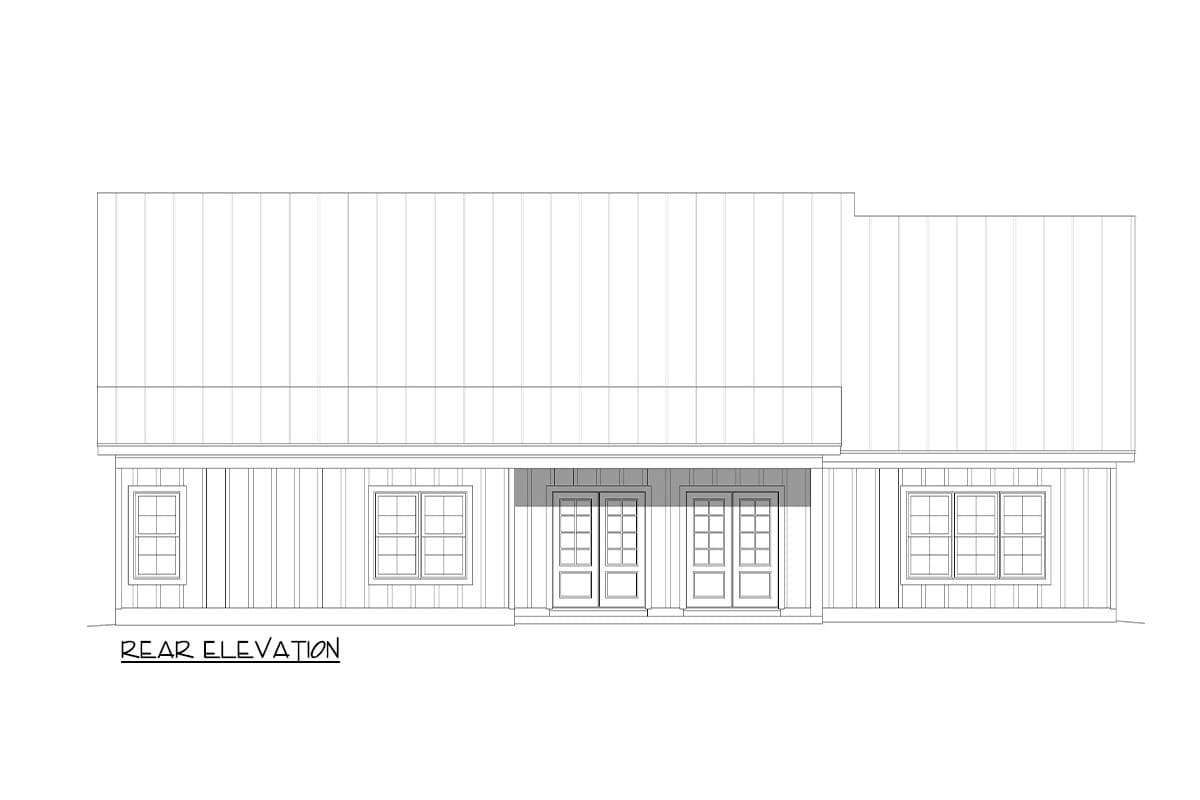 Rear elevation drawing of a house plan featuring double doors, windows, and vertical siding.