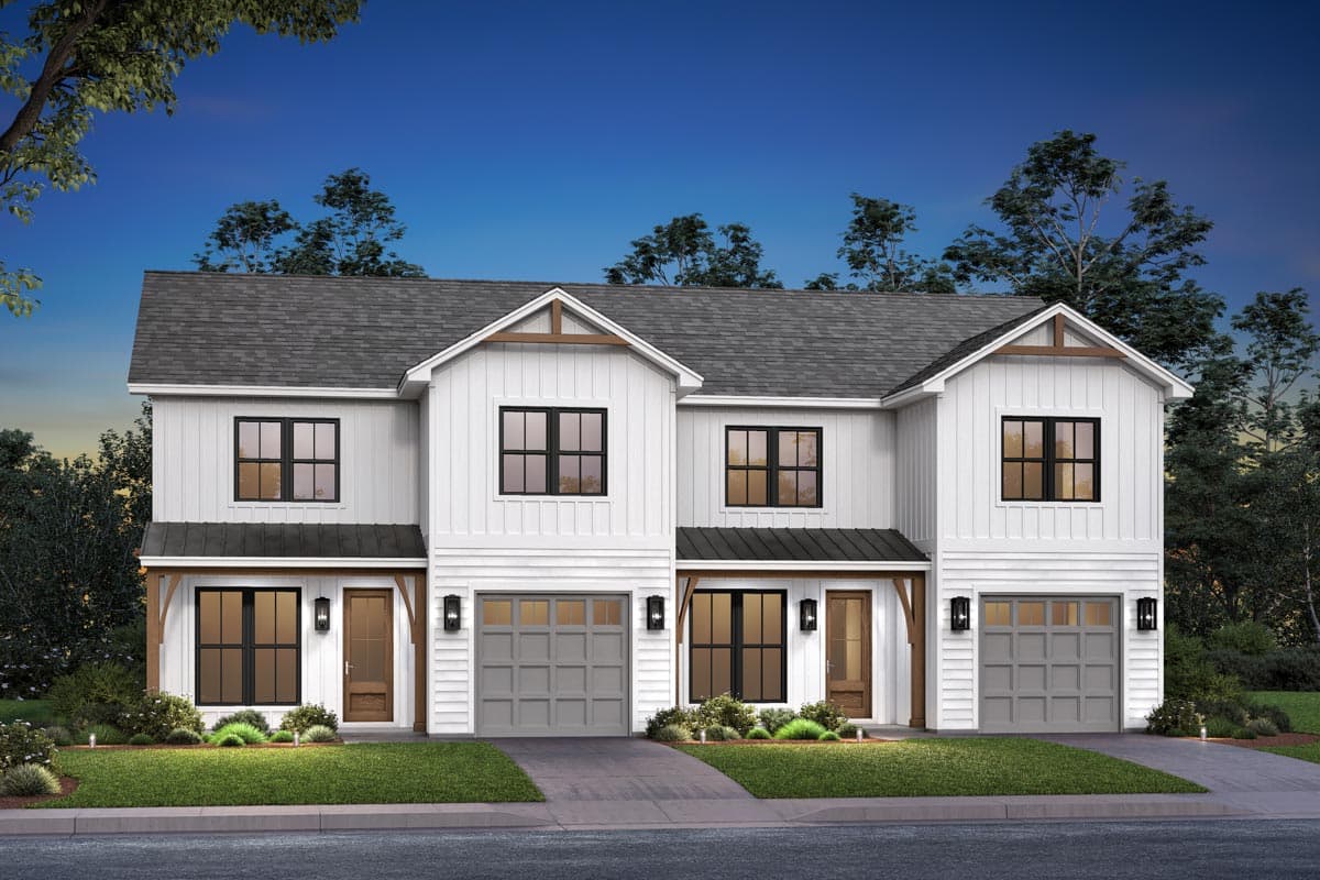 House plan exterior. Two-story Modern Farmhouse style with gabled roof, two-car garage, and covered entry porch with timber-frame supports.