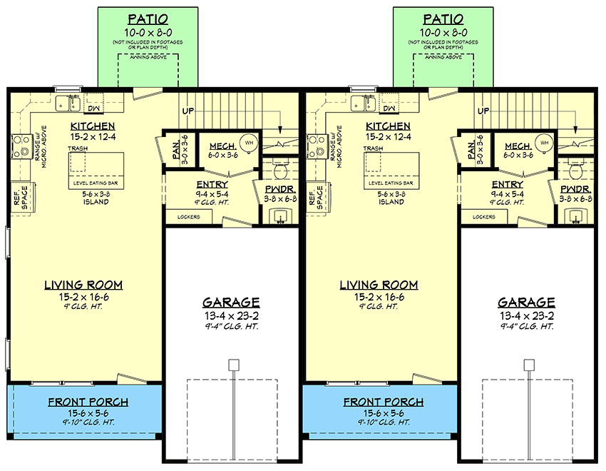 Plan 51984HZ: 2-Story Modern Farmhouse Duplex with 3-Bed, 2.5-Bath Units Under 1600 Sq Ft - Floor Plan - Main Level - Country, Craftsman, Modern Farmhouse, New American, Traditional