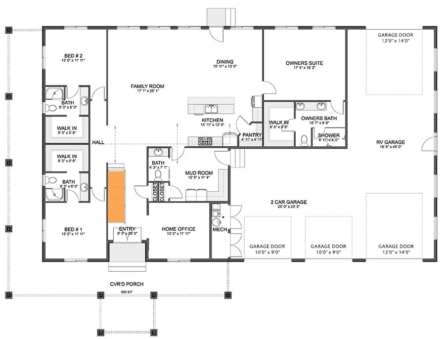 Plan 61554UT: Single-Story Country House Plan with Oversized 3-Car Garage  - 2569 Sq Ft - Floor Plan - Main Level - Stairs Location - Country, Traditional