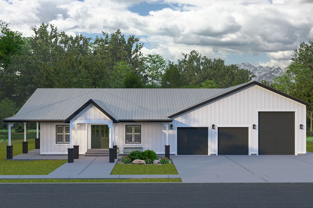 House plan exterior featuring a single-story Modern Farmhouse design with a metal roof, front porch, and three-car garage.
