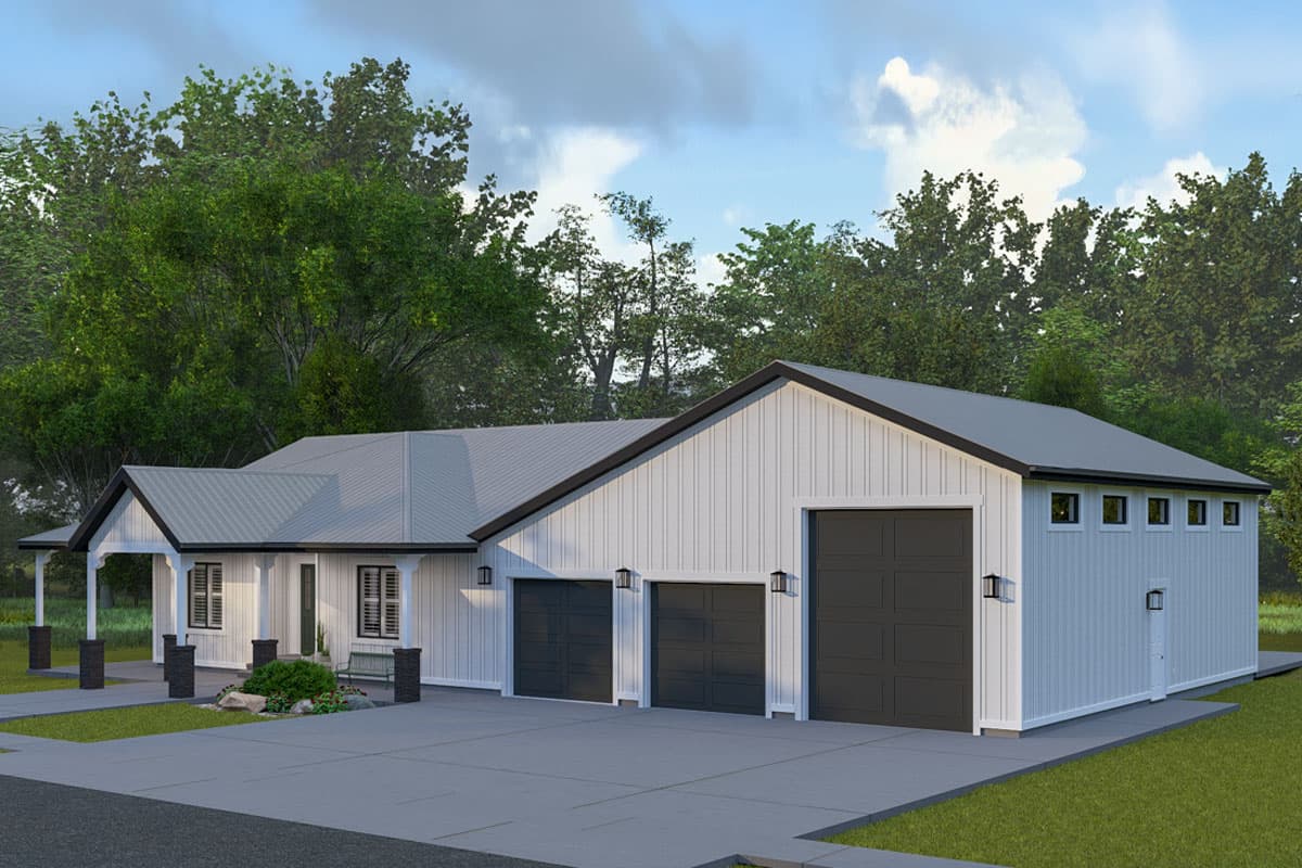 Modern Farmhouse house plan exterior with a covered front porch, three-car garage, and vertical siding.