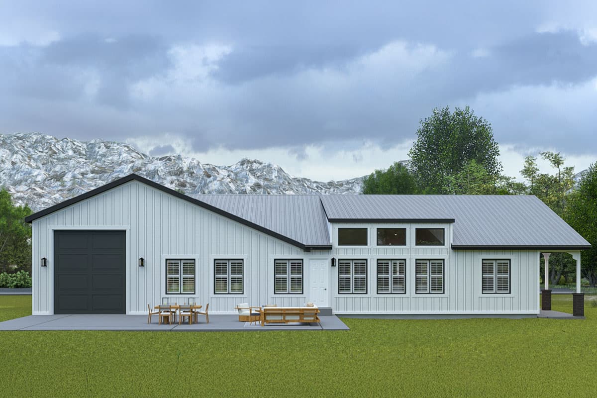 Modern house plan exterior with a large garage door, multiple windows, a covered porch, and a metal roof.