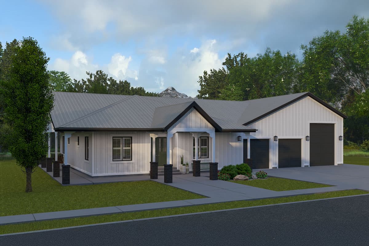 Modern Farmhouse house plan exterior with white board and batten siding, gabled roof, and a three-car side-entry garage.