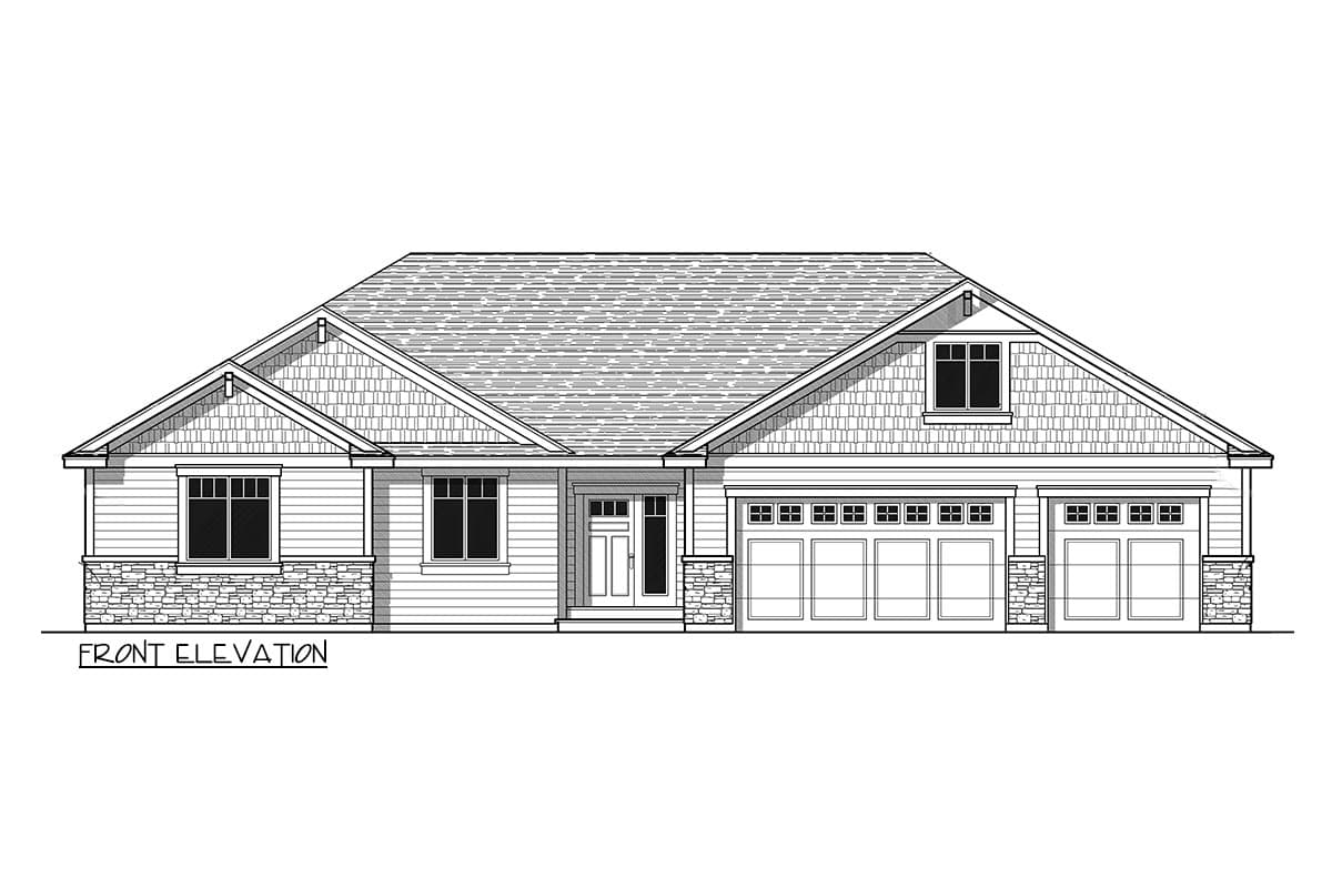 Front elevation drawing of a one-story house plan with a wide front entrance, multiple gables, and a three-car garage.