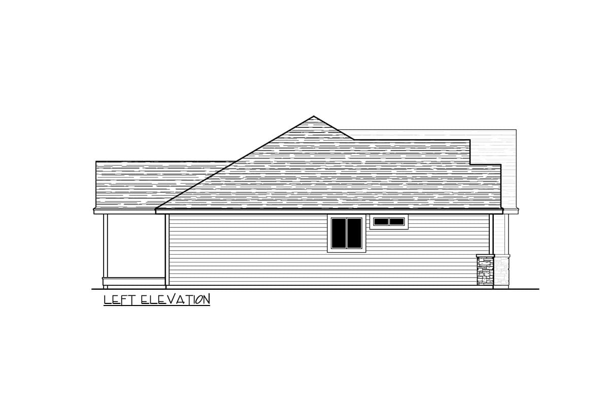 Left elevation drawing of a house with horizontal siding, gabled roof, a covered porch, and stone-clad column.