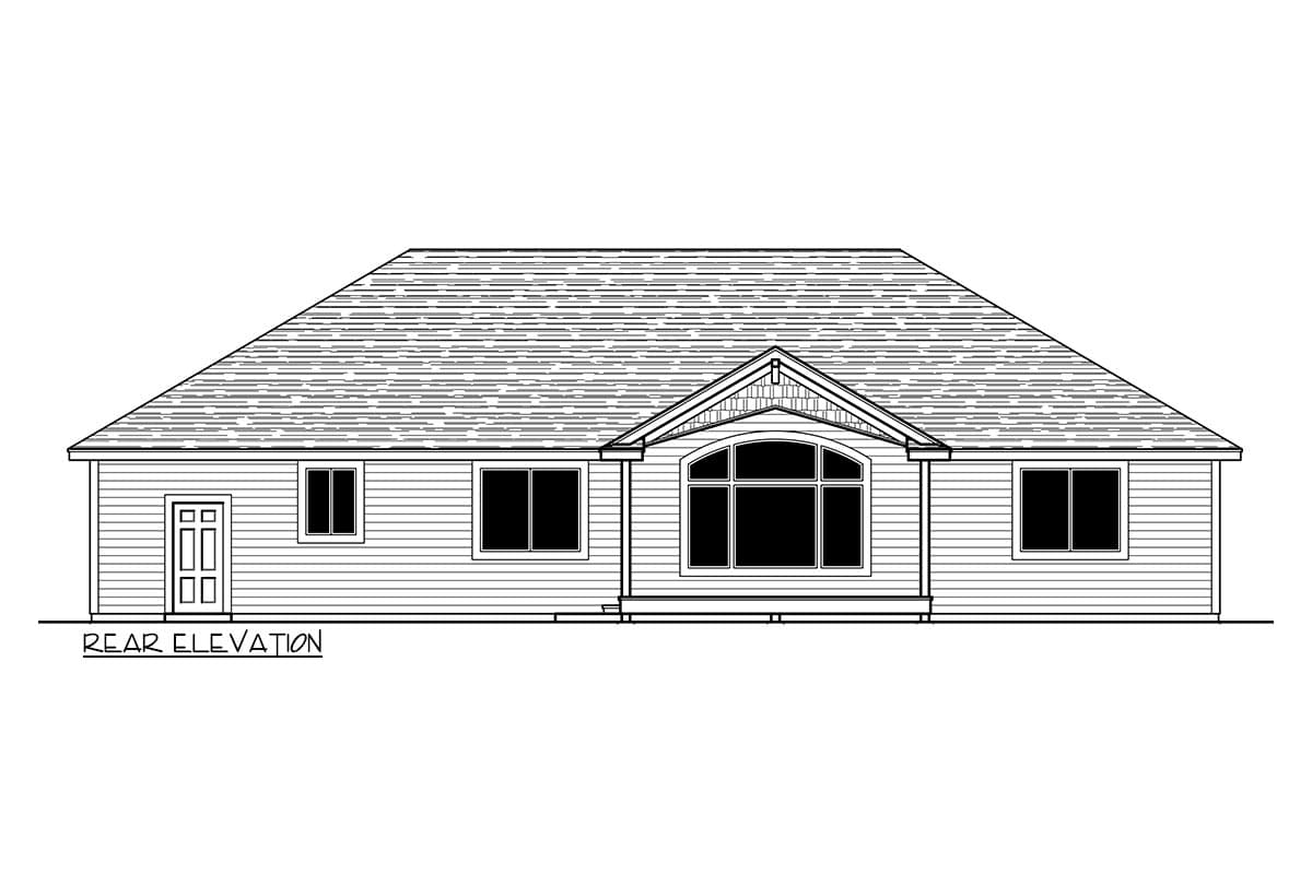 Rear elevation of a house plan featuring a gable dormer, arched window, and double door.