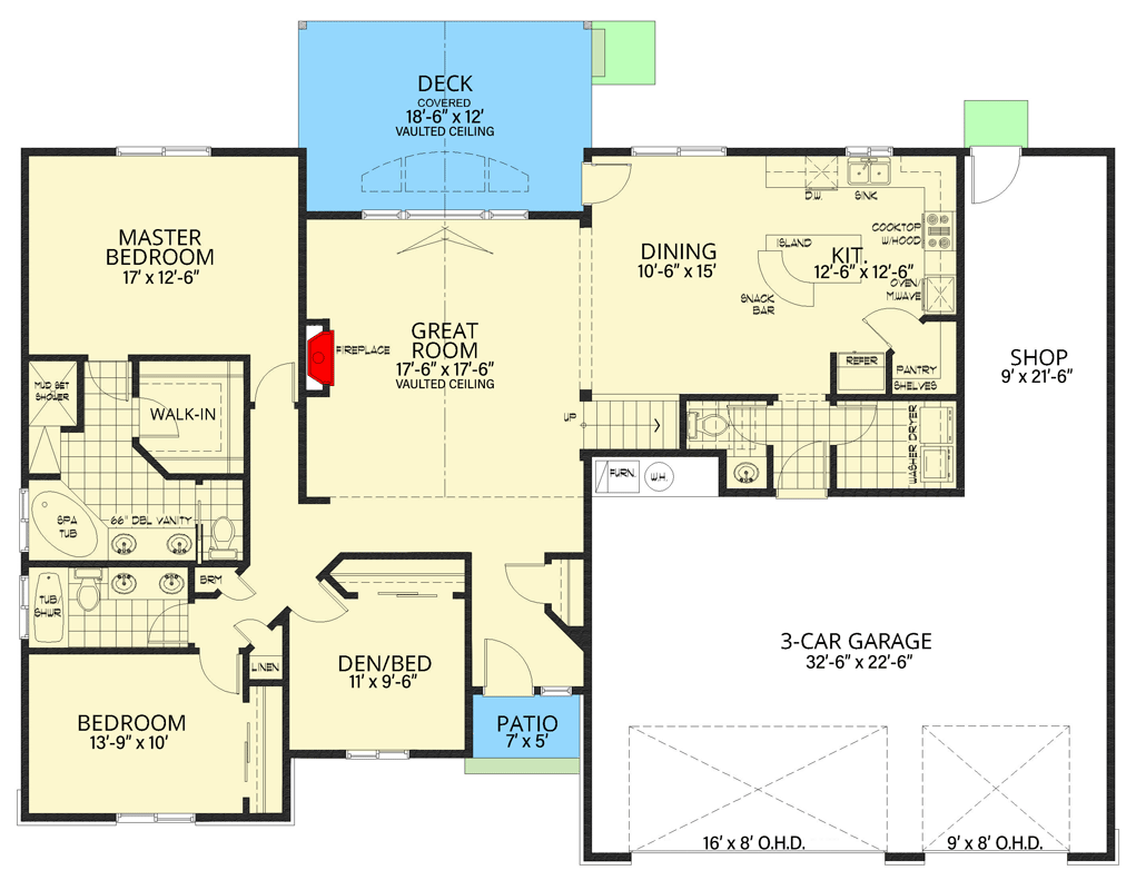 Plan 267051SPK: 3-Bed Traditional House Plan with Optionally Finished Bonus Room - 1849 Sq Ft - Floor Plan - Main Level - Country, Ranch, Traditional