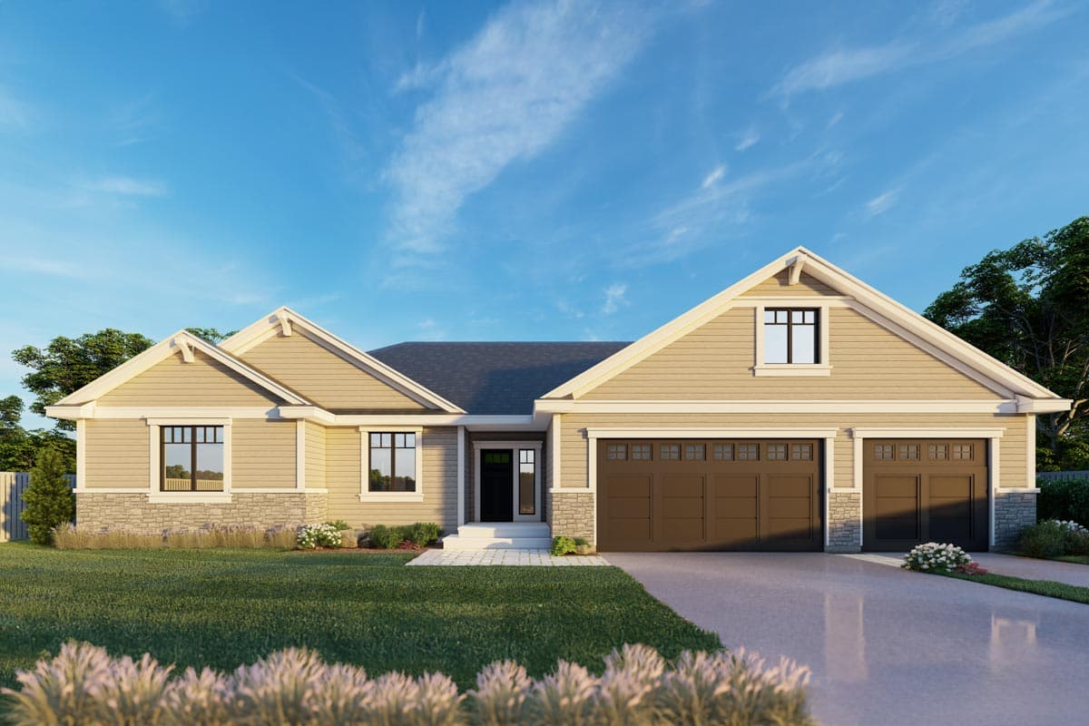 House plan exterior. Single-story Ranch style with gabled rooflines, stone accents, and a three-car garage.