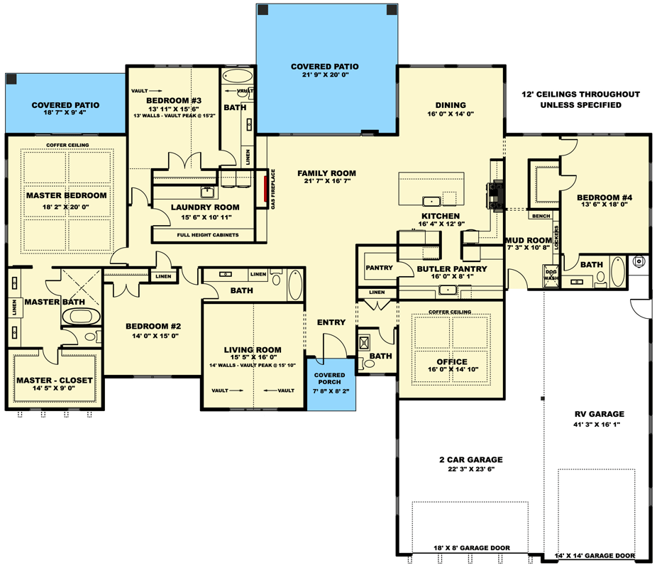 Plan 506010BRY: 4-Bed Southwest Rambler-Style House Plan with Home Office - Under 4000 Sq Ft - Floor Plan - Main Level - Contemporary, Hill Country, Ranch, Southwest, Transitional