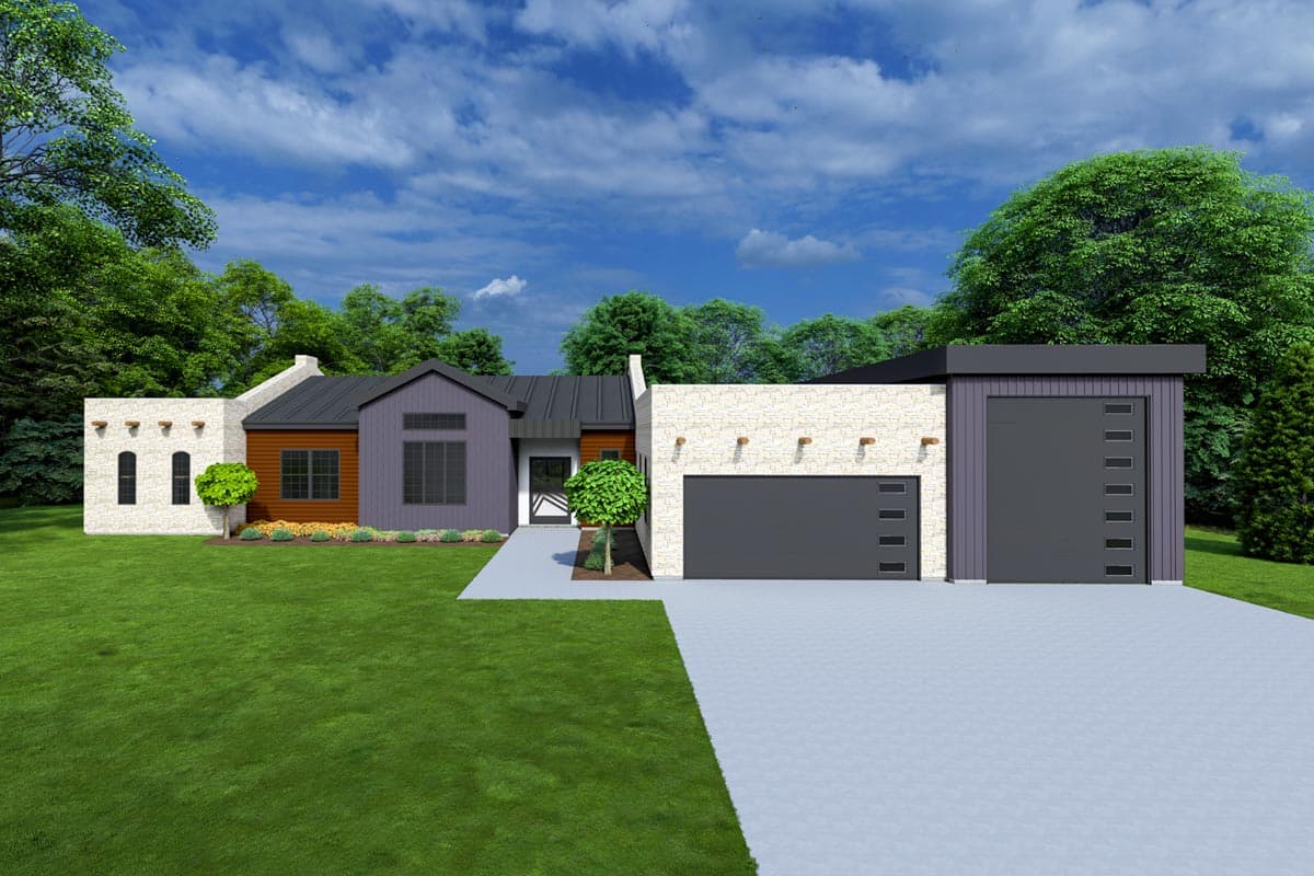 House plan exterior featuring Modern style, with mixed rooflines, a two-car garage, and a light-colored brick facade. Single story.