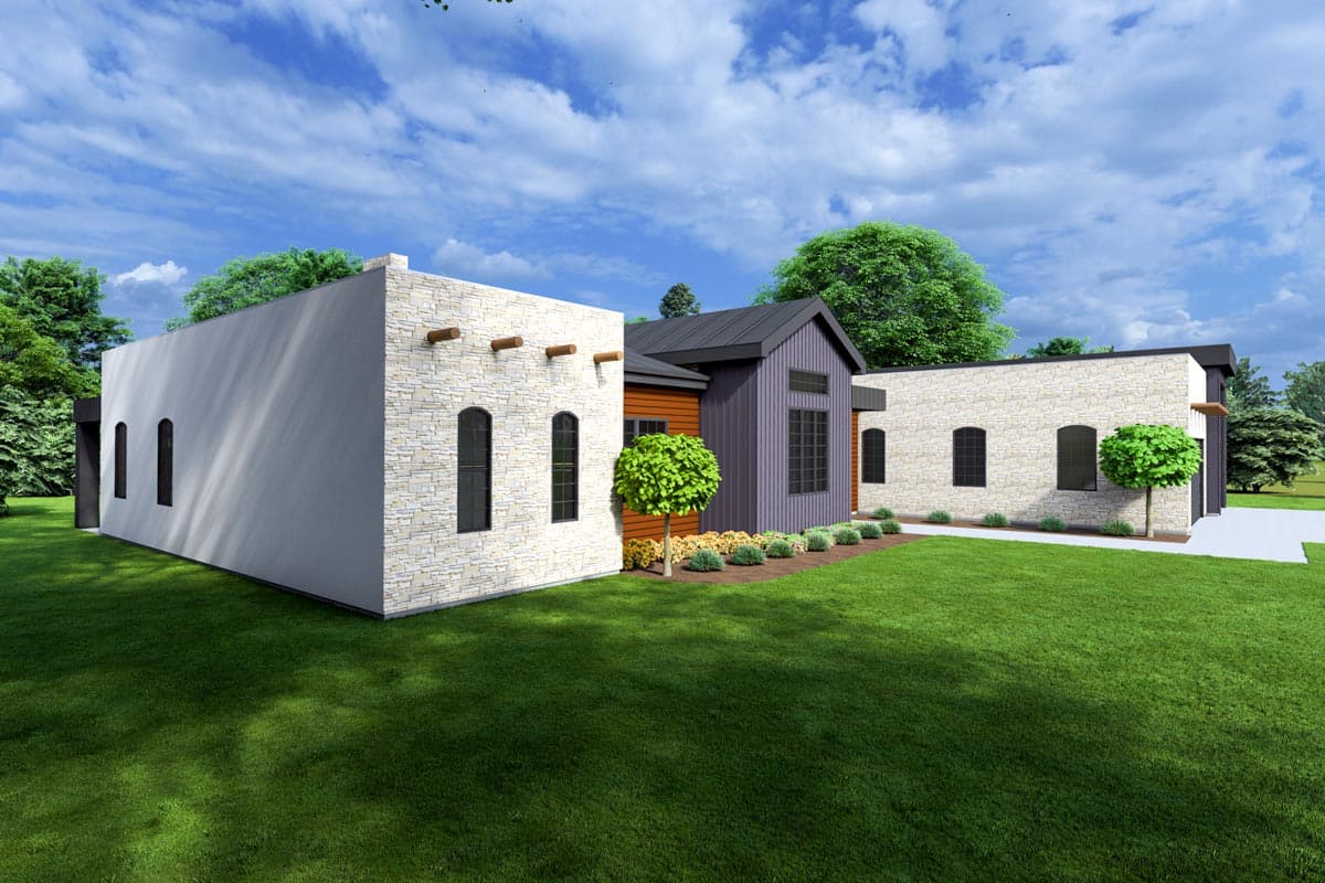 House plan exterior: Modern design with stone veneer, wood siding, purple vertical siding, and arched windows.