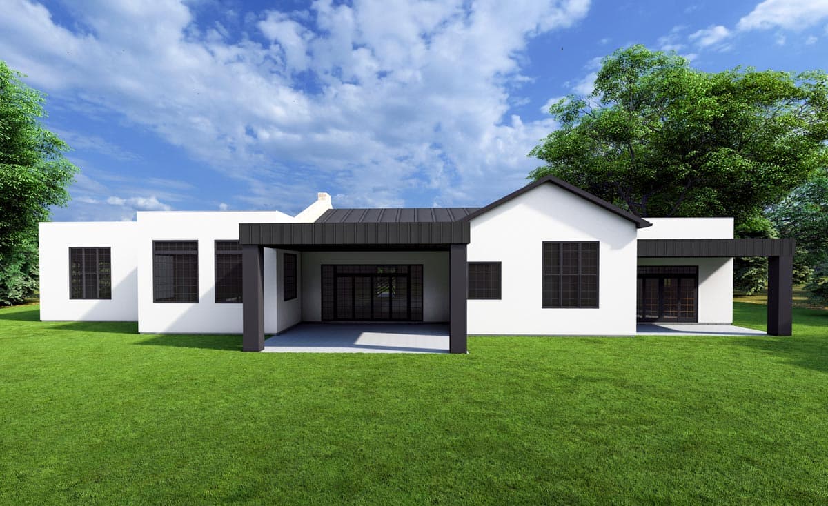 Modern house plan exterior, one story, white stucco, metal roof, large windows, covered patio.