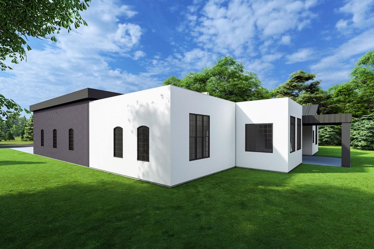 House plan exterior: Modern single-story with white stucco and dark vertical siding, featuring arched and rectangular dark-framed windows.