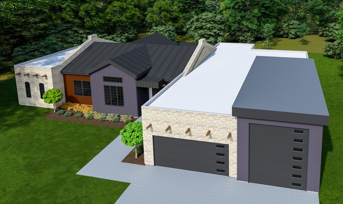 Modern house plan exterior with stone and vertical siding, metal gable roof, and two-car garage with modern doors.