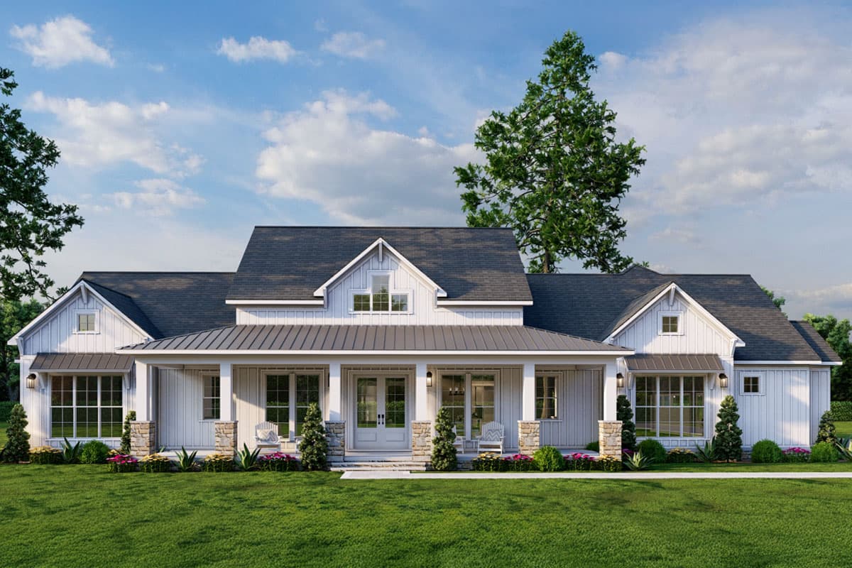 House plan exterior. Two-story Modern Farmhouse with a front porch, gables, and a metal roof over the porch.