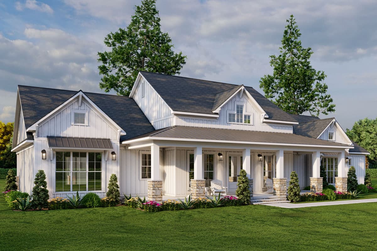 Modern Farmhouse house plan exterior with wrap-around porch, board and batten siding, and multiple gables.