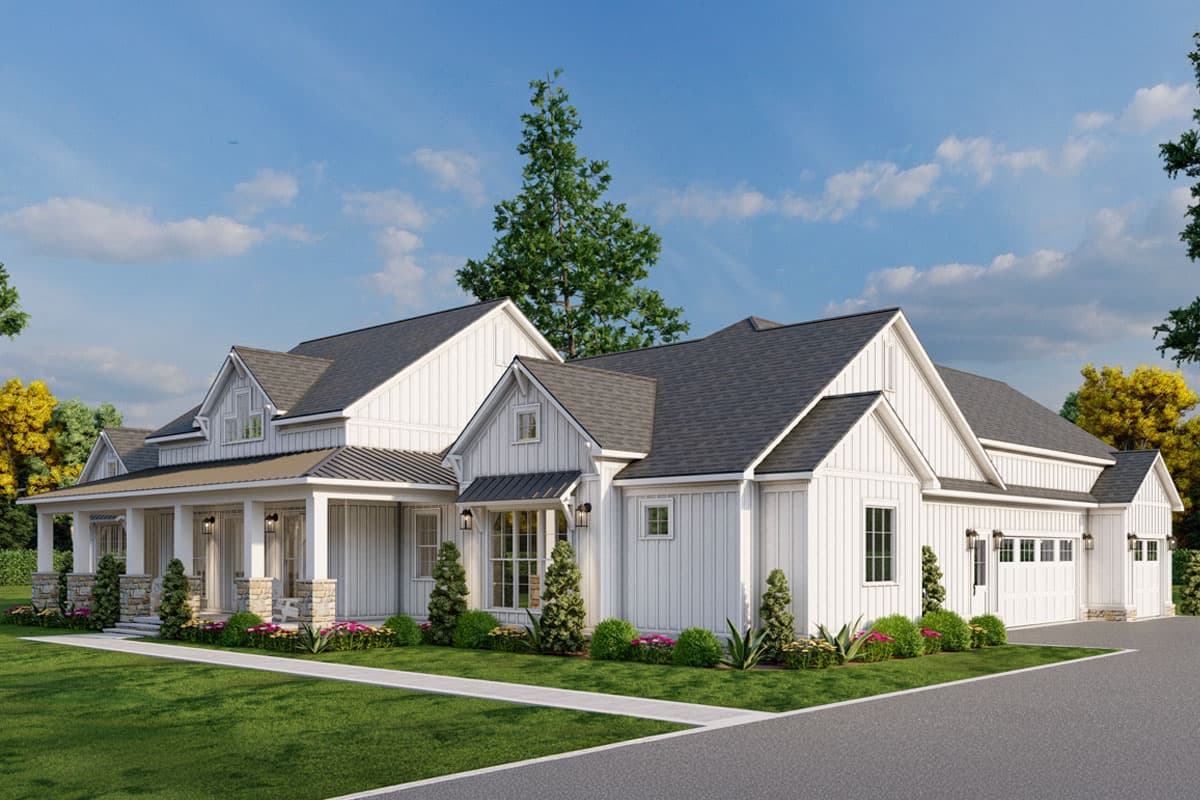 House plan exterior: Modern Farmhouse style, two stories, wrap-around porch with stone columns, multiple gables, and a three-car garage.