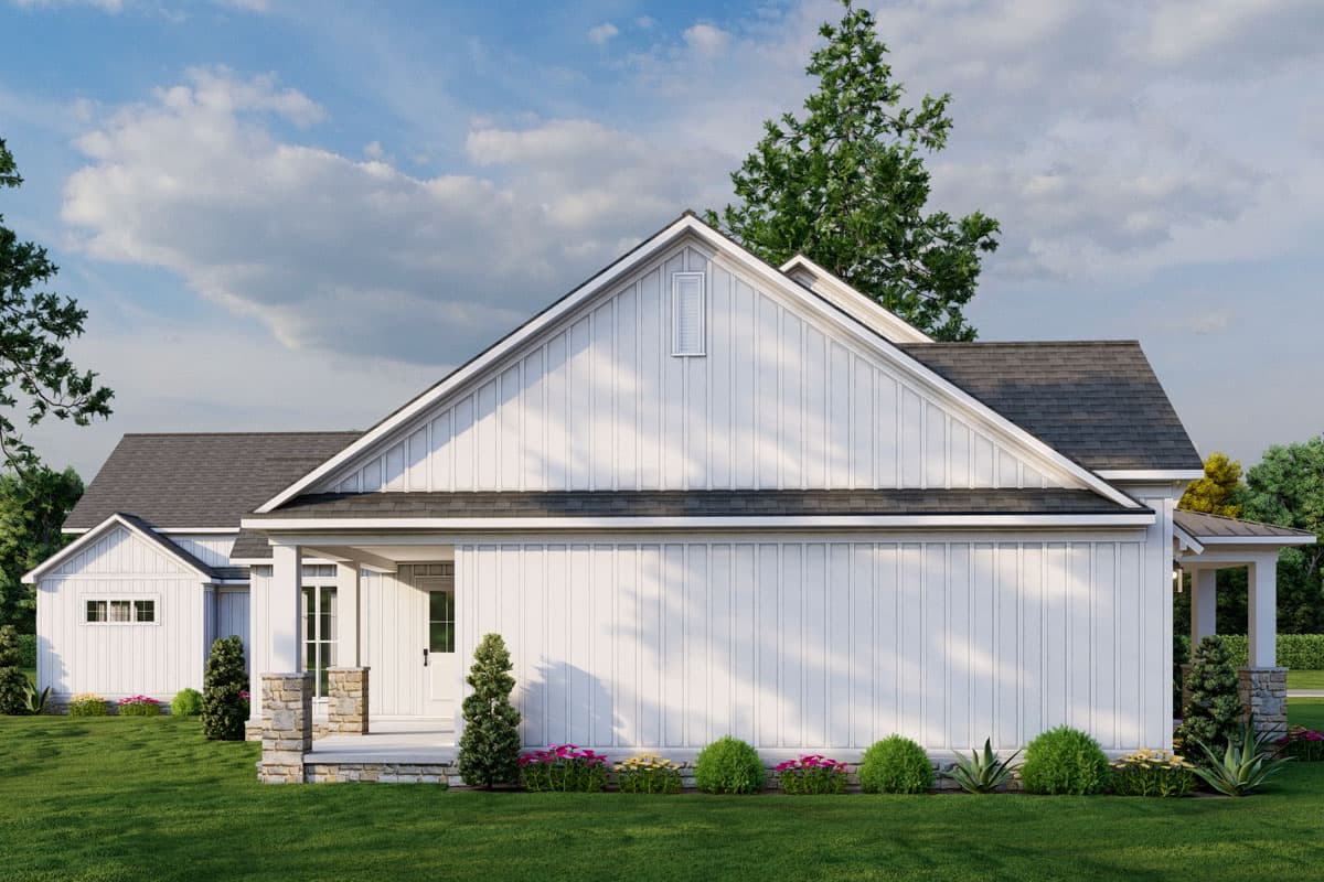 Modern Farmhouse house plan exterior with board-and-batten siding, prominent gables, stone accents, and covered entry.