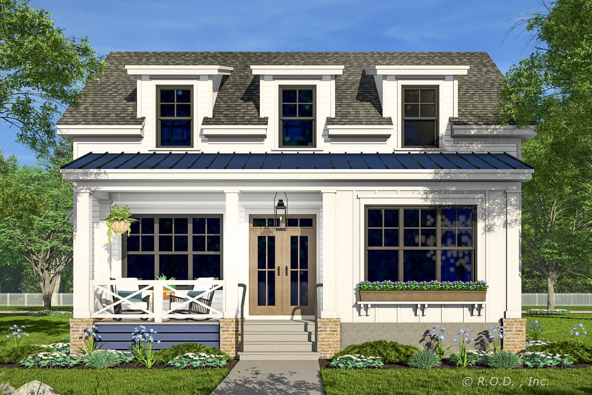 House plan exterior featuring a two-story farmhouse style with a front porch, dormers, and a gabled roofline.