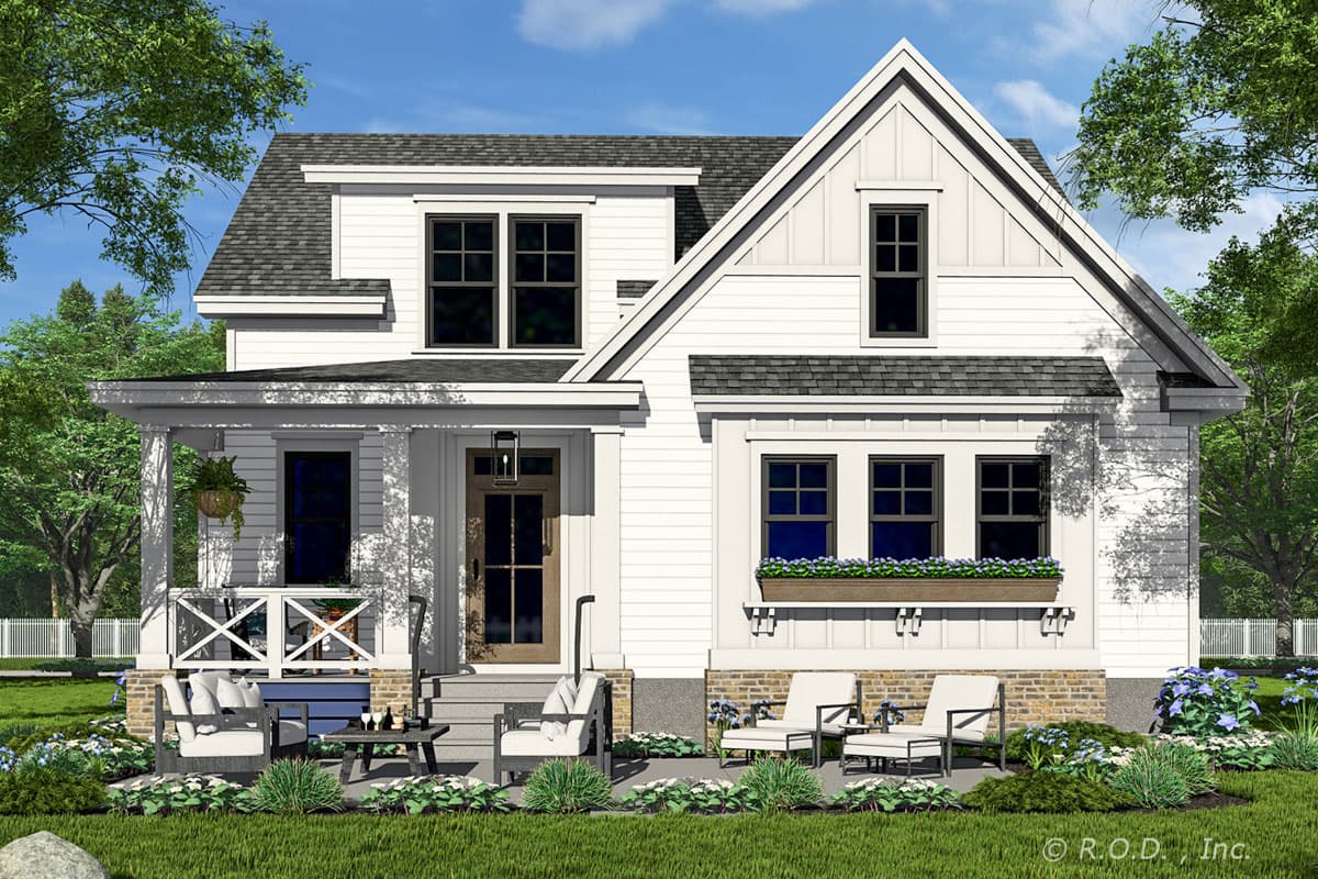 Modern Farmhouse house plan exterior, two stories, with a covered front porch, prominent gable, and window box.