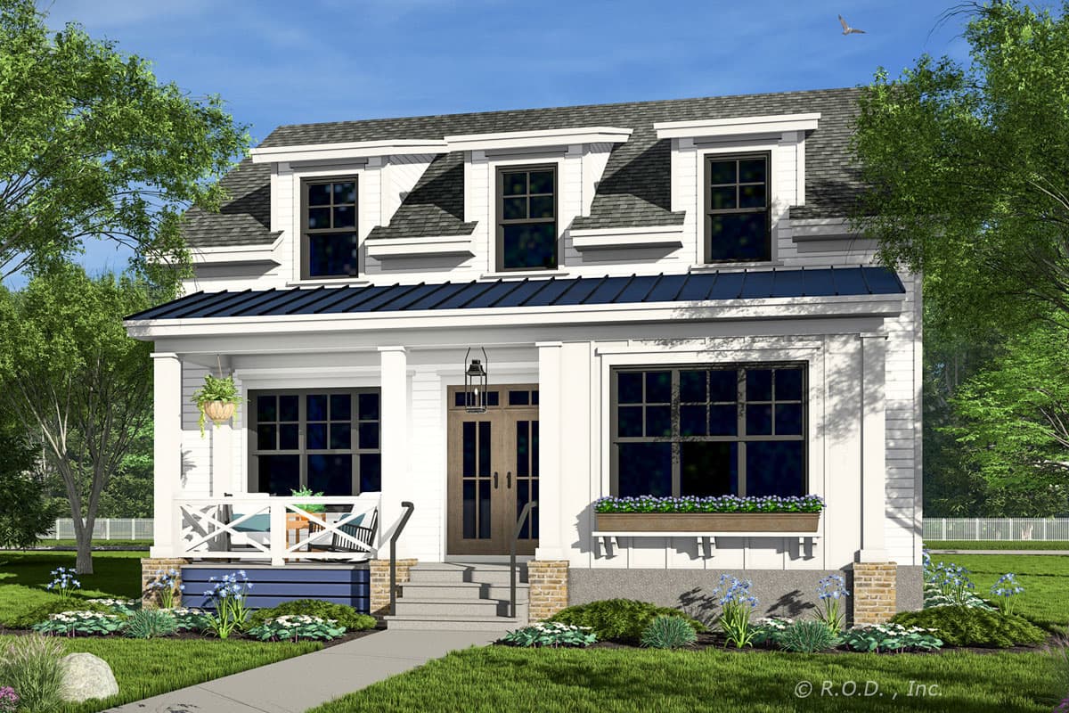 House plan exterior: Two-story home with dormer windows, a covered front porch with decorative railing, and a metal roof over the entry.