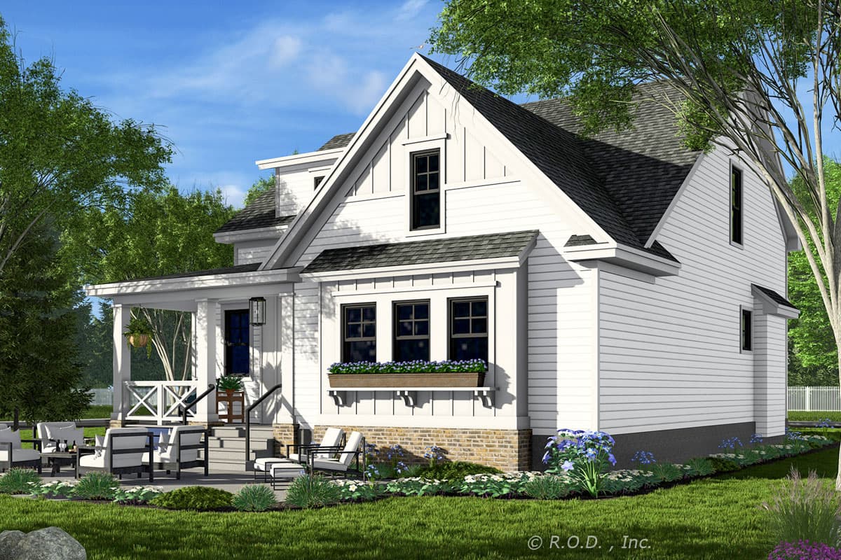 Modern Farmhouse house plan exterior with gabled dormers, a covered front porch with X-braced railing, and board-and-batten siding.