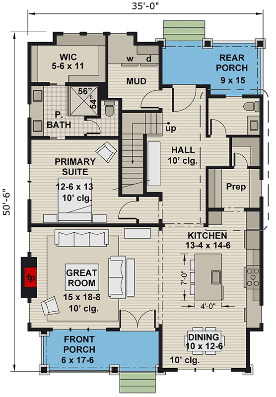 Plan 14877RK: 3-Bed Cottage House Plan with Future Space Above - 2230 Sq Ft - Floor Plan - Main Level - Cottage, Craftsman, Farmhouse