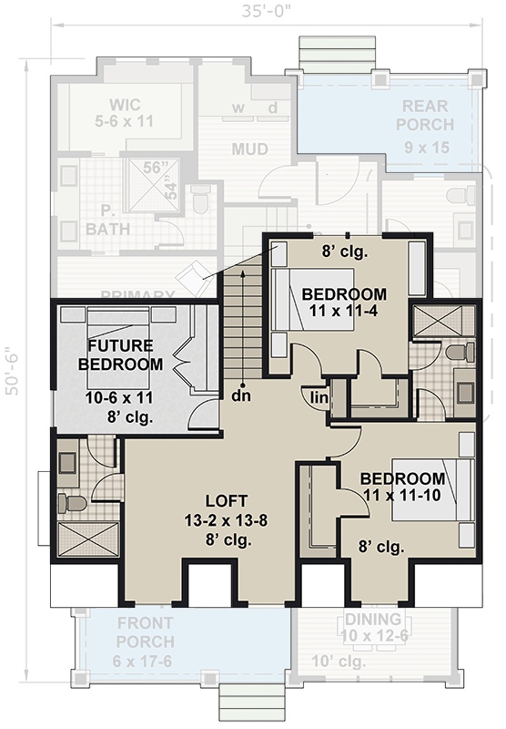 Plan 14877RK: 3-Bed Cottage House Plan with Future Space Above - 2230 Sq Ft - Floor Plan - 2nd Floor - Cottage, Craftsman, Farmhouse
