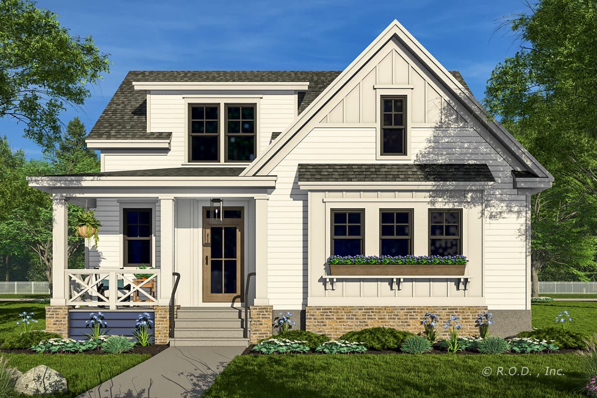 House plan exterior. Two-story Modern Farmhouse with gable roof, covered porch, and window flower boxes. Board and batten siding.