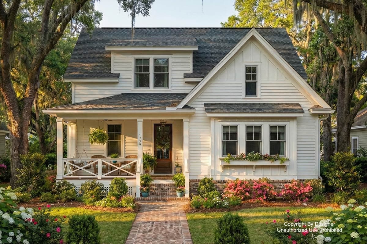 A charming, two-story white house with a welcoming porch and a brick pathway. Lush landscaping surrounds the home with trees and flowers.