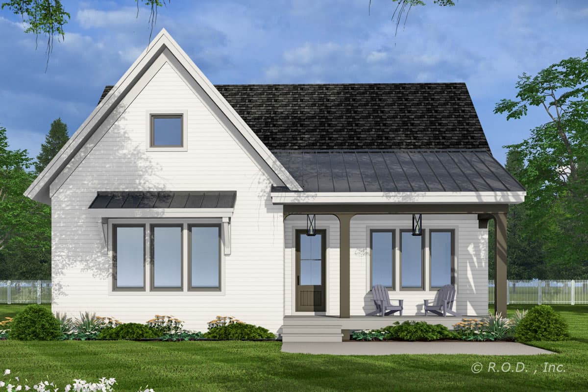 House plan exterior featuring a one-story farmhouse style home. Includes a front porch, gabled roof, and dormer window.
