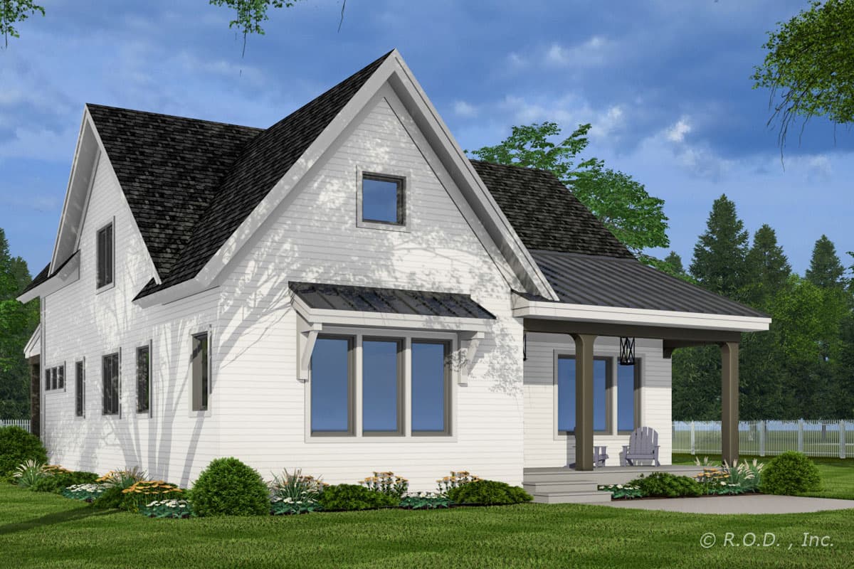 Modern Farmhouse house plan exterior with two stories, gabled roofs, and a covered front porch with dark timber supports.