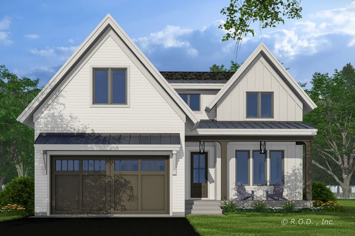 Modern Farmhouse house plan exterior with prominent gables, metal roof accents, and a two-car garage.