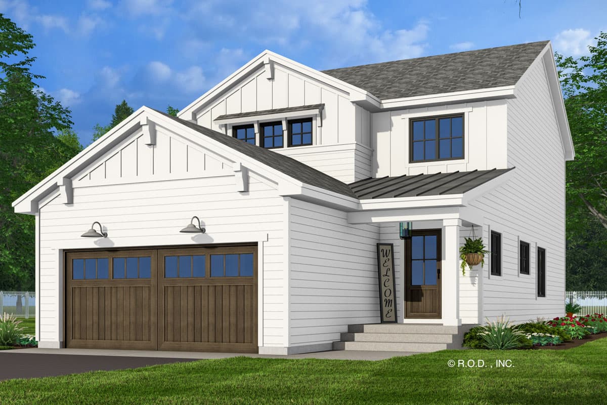 House plan exterior. Two-story Modern Farmhouse with board and batten siding, gable roof, covered porch, and attached garage with overhead doors.