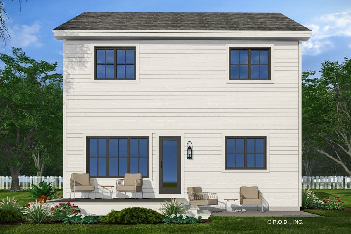 House plan exterior: Two-story modern home with horizontal siding, a gable roof, and nine windows.