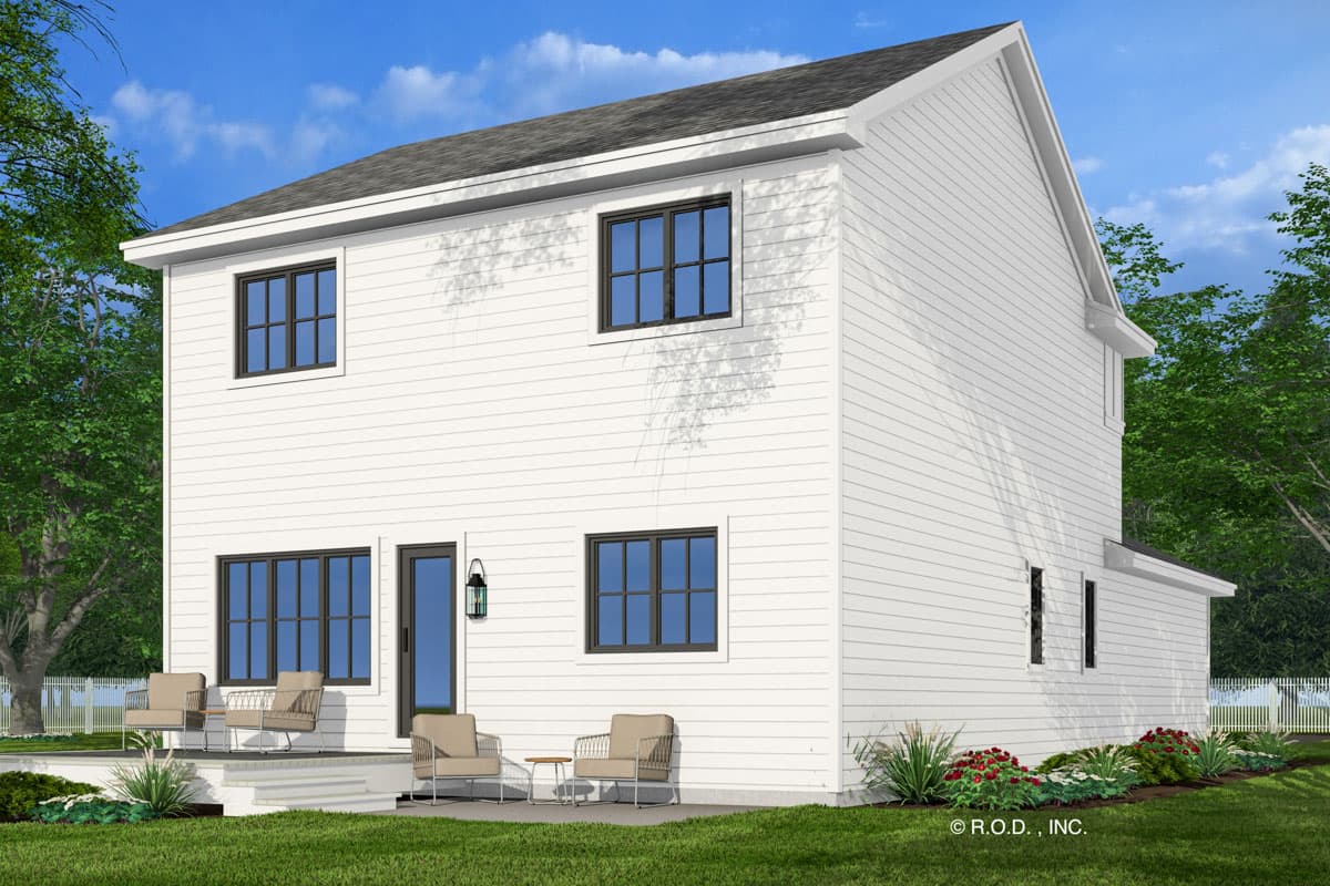 Two-story house plan exterior with white siding, dark-framed windows, a small porch with seating, and a steeply pitched gabled roof.