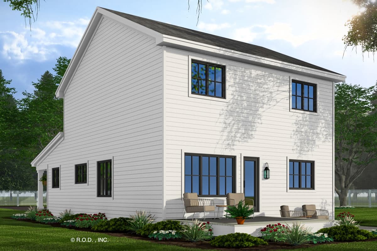 House plan exterior of a two-story Modern Farmhouse with a prominent gable, white siding, and black-framed windows.