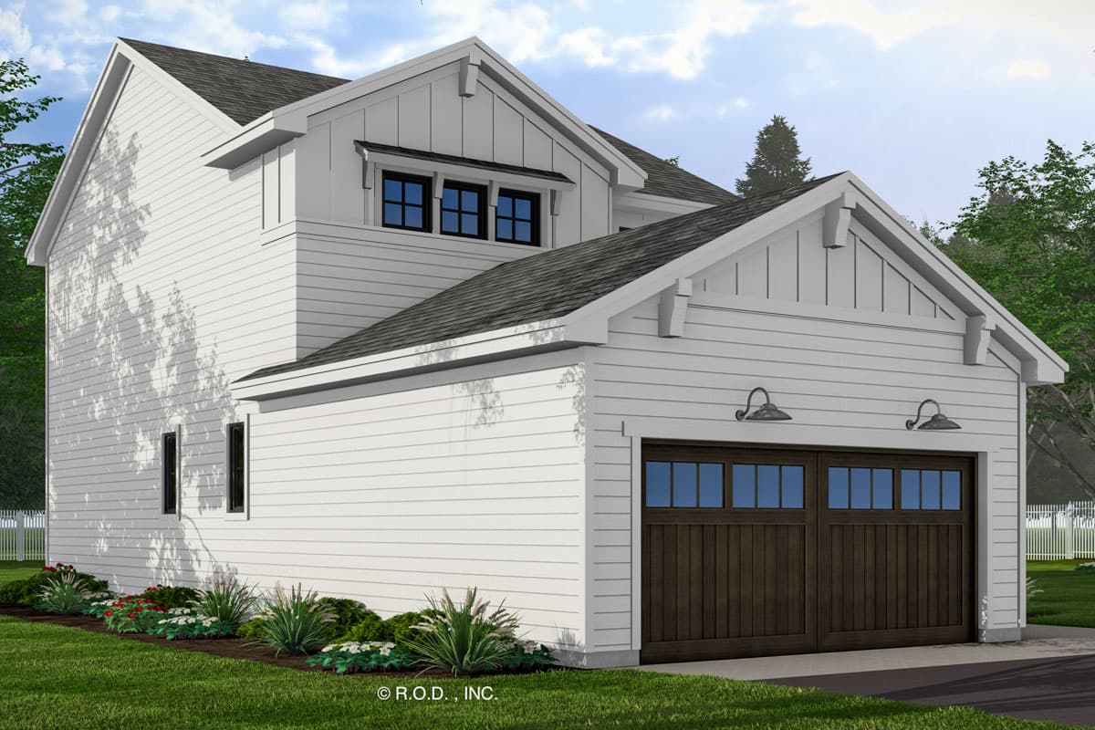 House plan exterior: Modern Farmhouse style, two stories, with a side-facing garage, gables, and dormer windows.