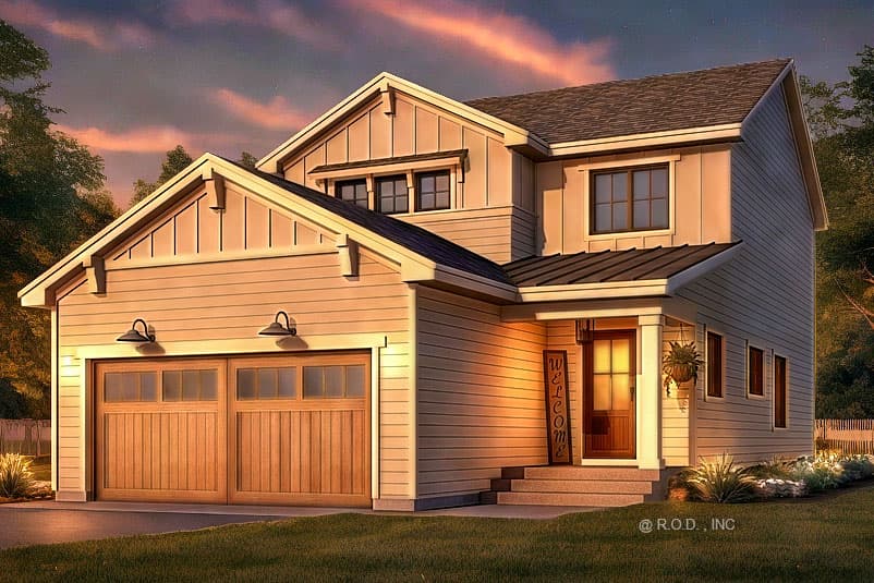 Modern Farmhouse house plan exterior with two-car garage, gabled dormers, covered porch, and siding.