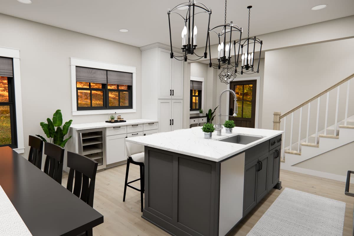 Rendering of a kitchen with a large island, white cabinets, a sink, and a staircase.